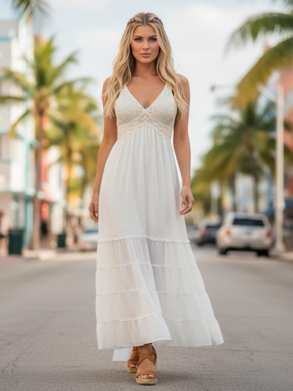Sasha Collections White Crochet Maxi Dress M